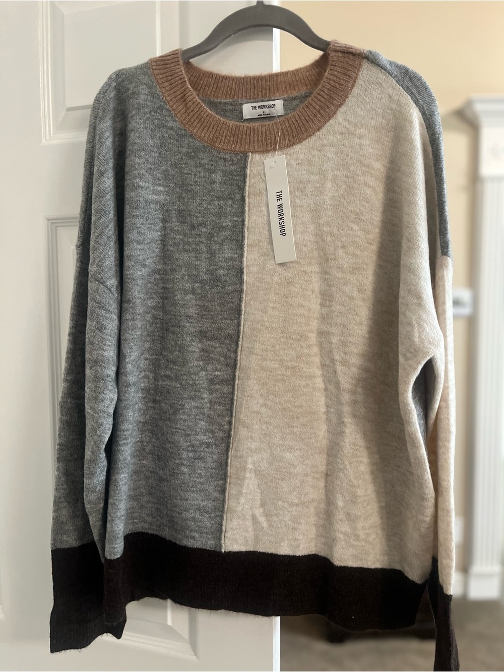Workshop  Colorblock Crewneck Sweater - Gray, Cream & Brown
